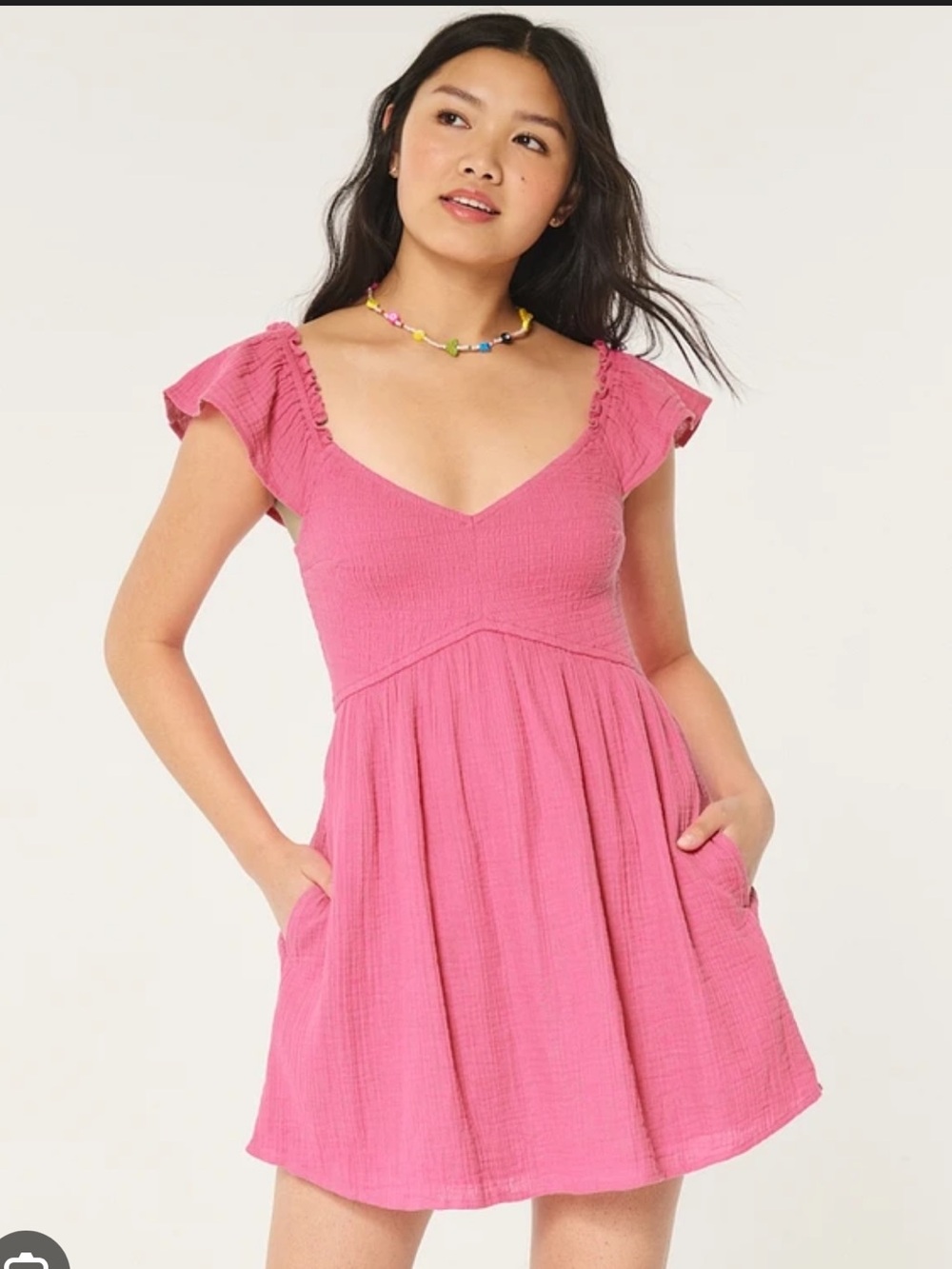 Hollister Pink Flutter-Sleeve Smocked Mini Skorf Dress